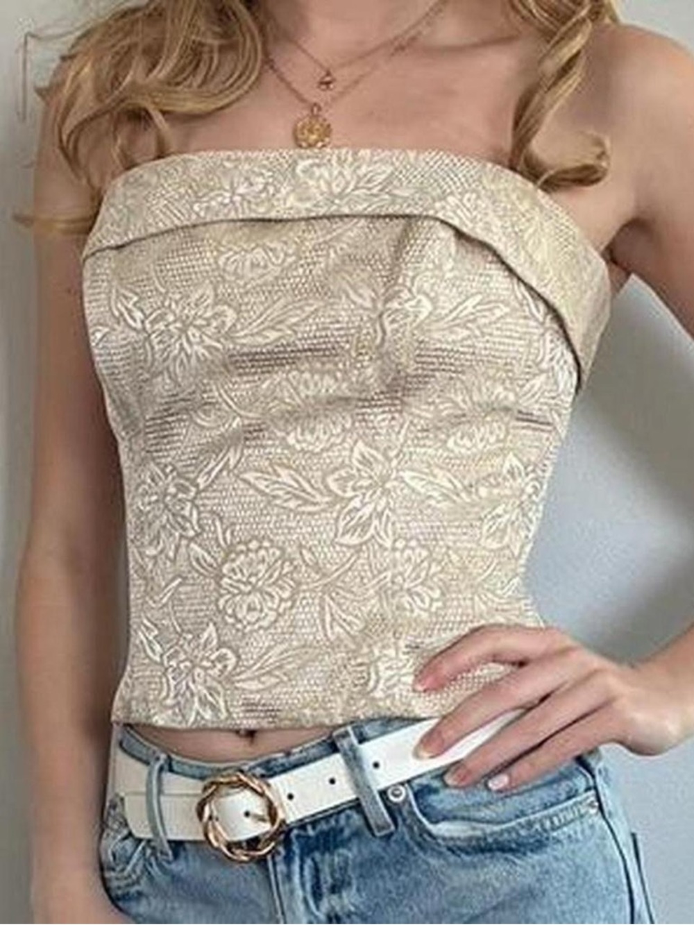 Morgan and Co. Sleeveless Gold and White Floral Formal Tube Top